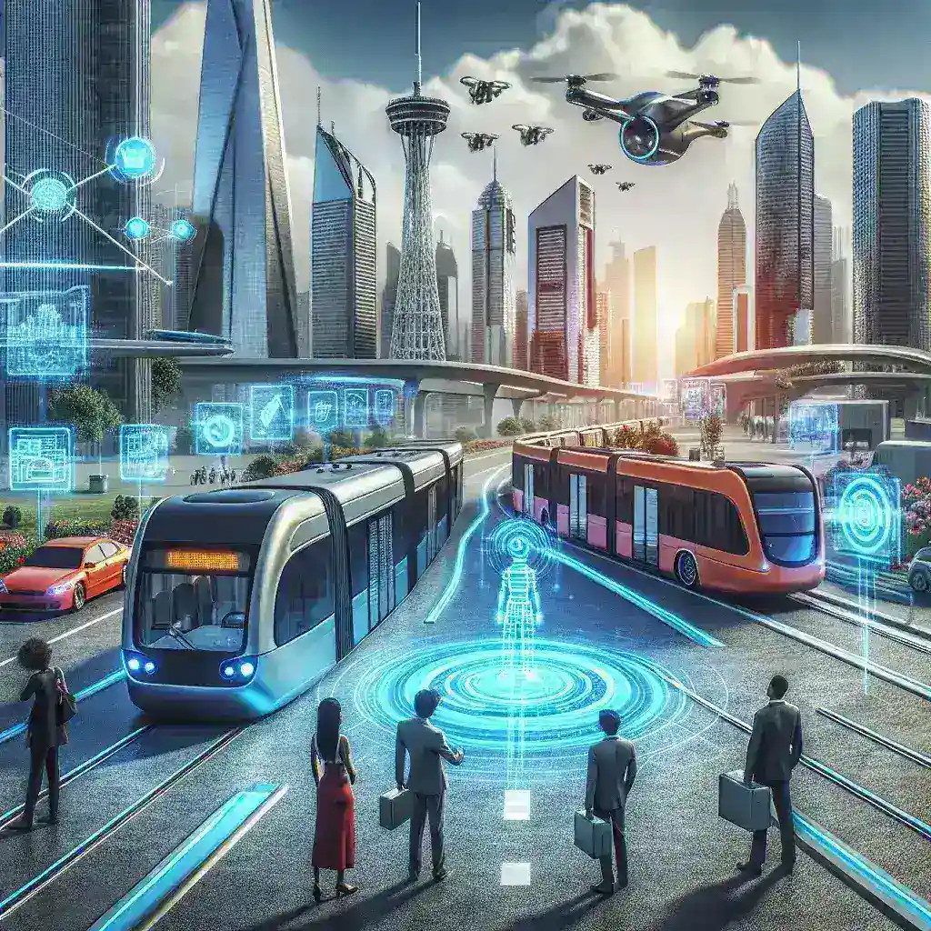 "Imagen de un moderno autobús urbano con tecnología de inteligencia artificial en una ciudad moderna, simbolizando la revolución del transporte público impulsada por la innovación tecnológica."