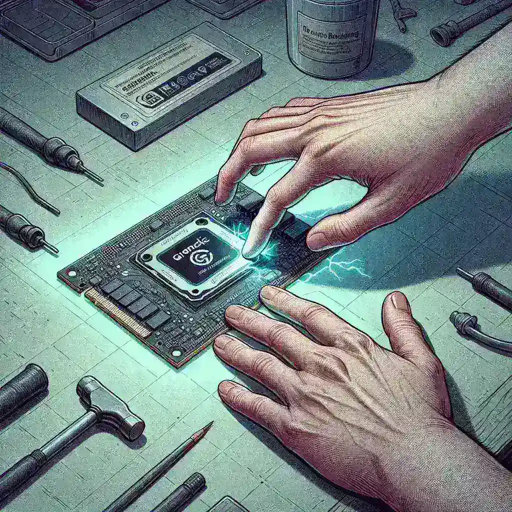 "Persona conectándose a tierra antes de manipular una GPU para prevenir daños, ilustrando la importancia de la seguridad electrónica en la tecnología."