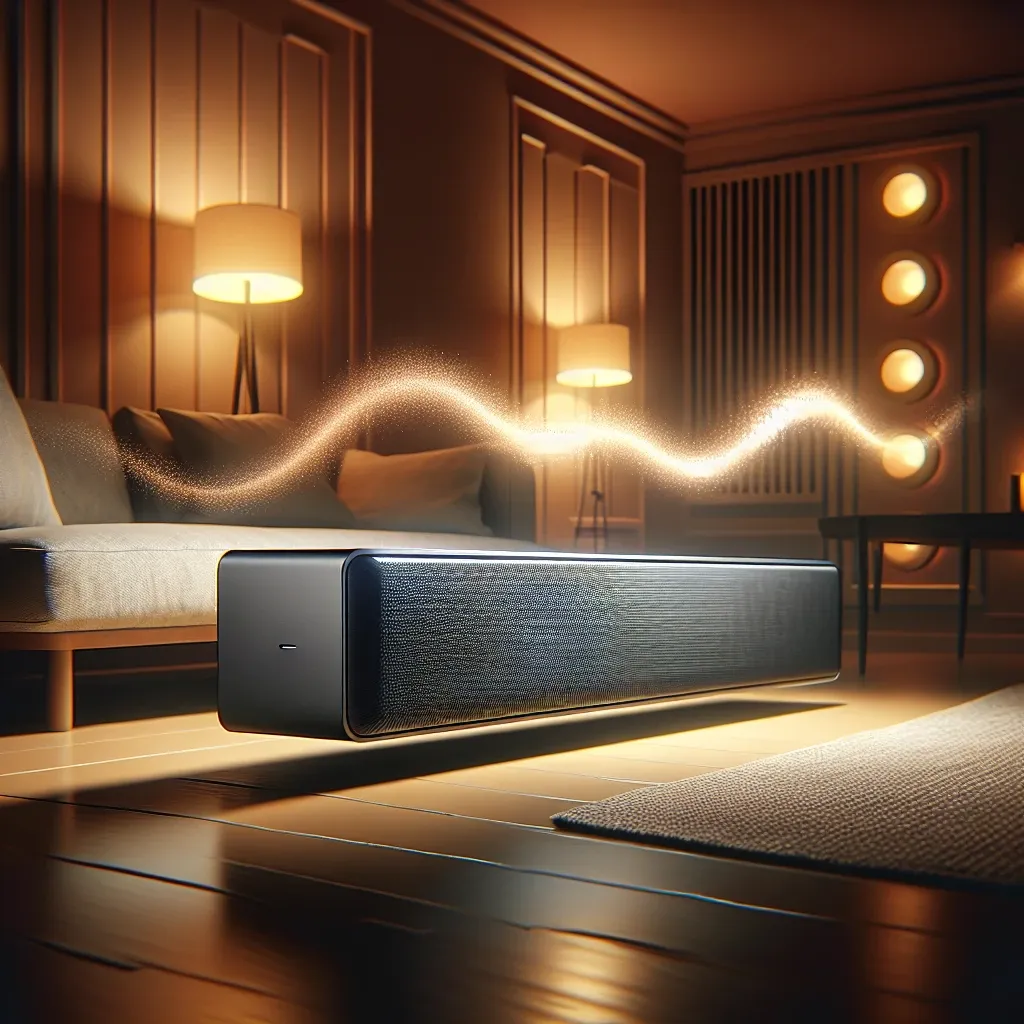 "Barra de sonido compacta JBL con tecnología Dolby Atmos, destacando su diseño elegante y puertos de conexión, ideal para mejorar la experiencia de audio en el hogar."