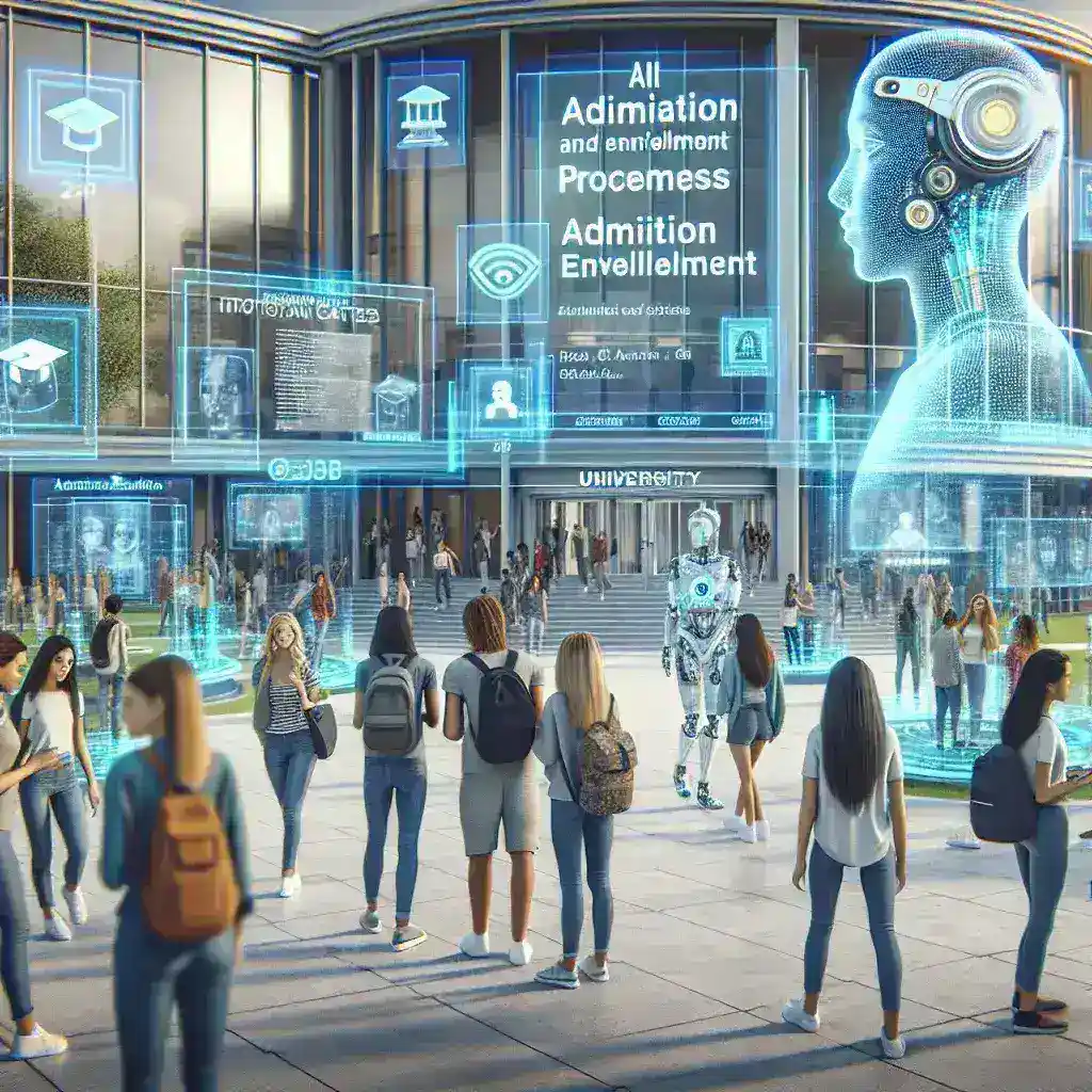 "Estudiantes en una universidad española usando inteligencia artificial en el proceso de admisión y matrículas, destacando la integración tecnológica en la educación superior en España."